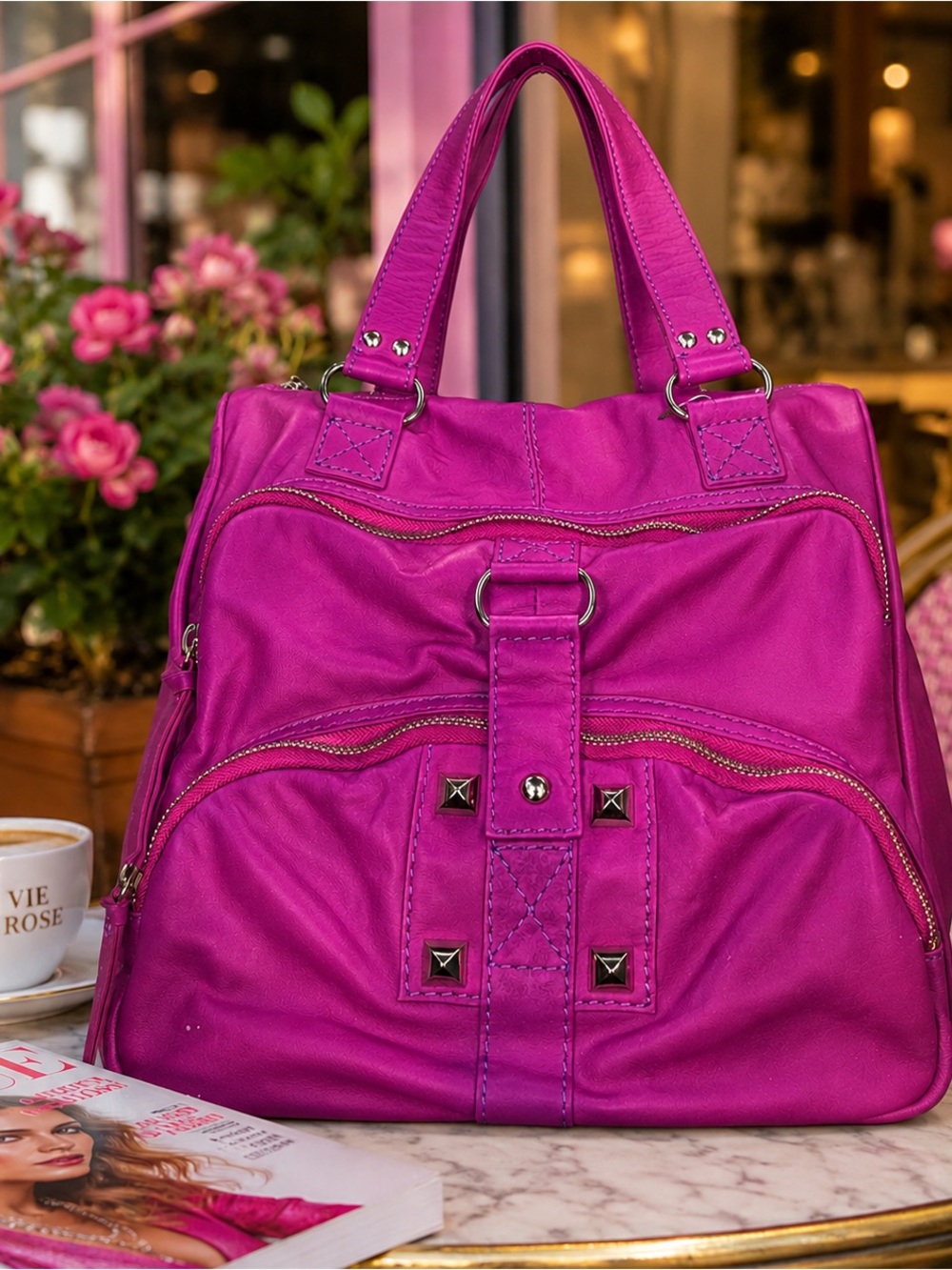 Gianni Bini Hot Pink Studded Leather Convertible Backpack Shoulder Bag